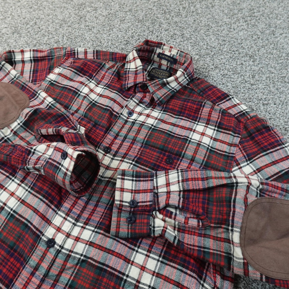 Pendleton Shirt Mens S Red Plaid Flannel Button Up Long Sleeve Elbow Patches Top